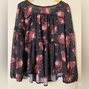 JOLT Peasant Sheer High-Low Long Sleeve Floral Top- Size M (see measurements)